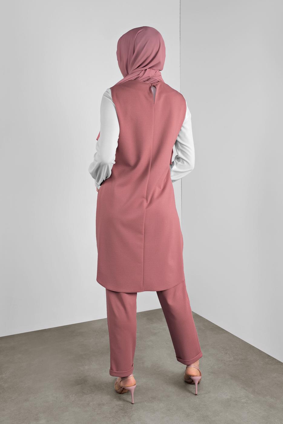 Tesettür giyim PUDRA ALVİNA DÜĞMELİ İKİLİ PANTOLONLU TAKIM  40207 