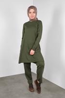 Tesettür giyim HAKİ TAŞ BASKILI TRİKO PANTOLONLU TAKIM  81141 