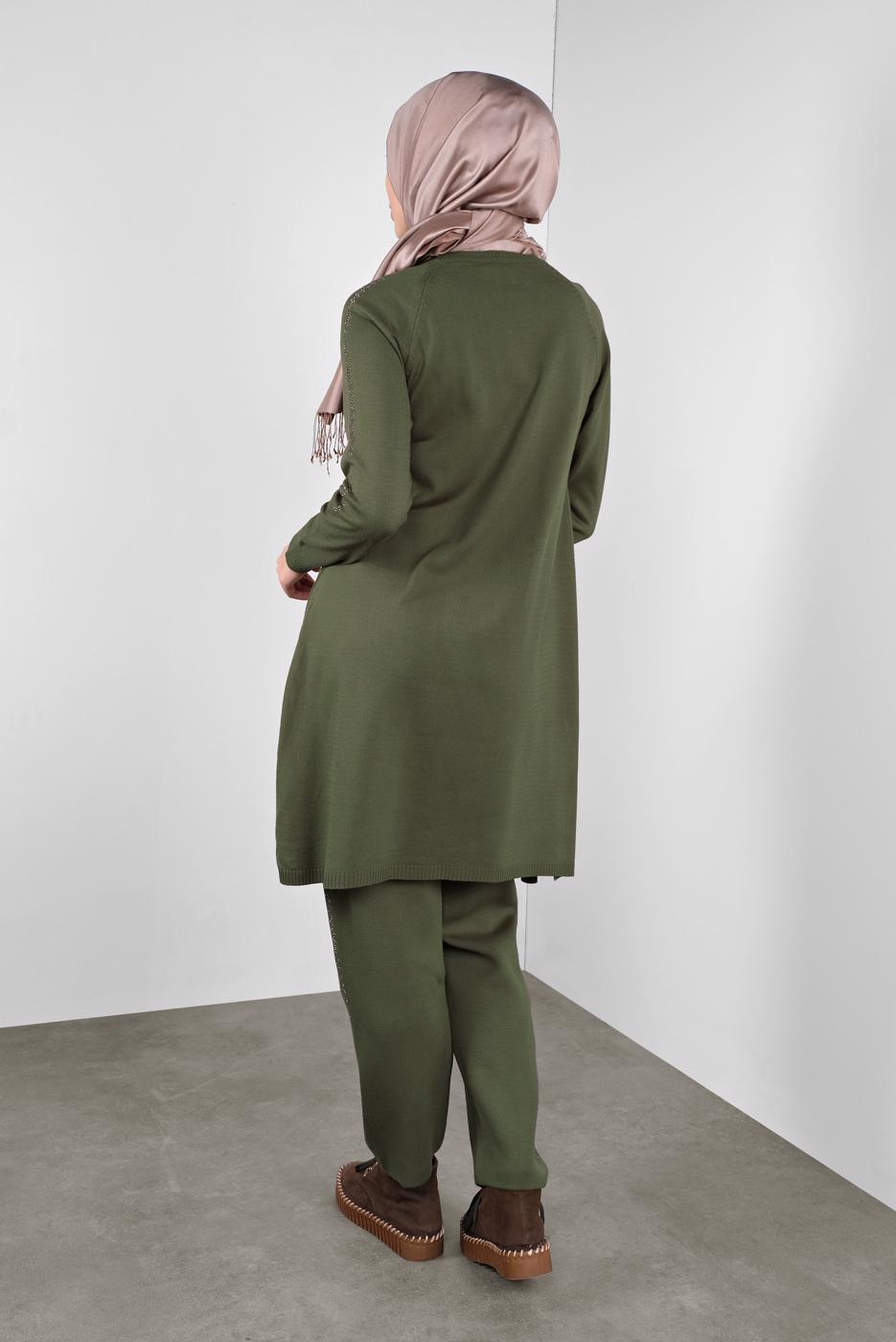 Tesettür giyim HAKİ TAŞ BASKILI TRİKO PANTOLONLU TAKIM  81141 