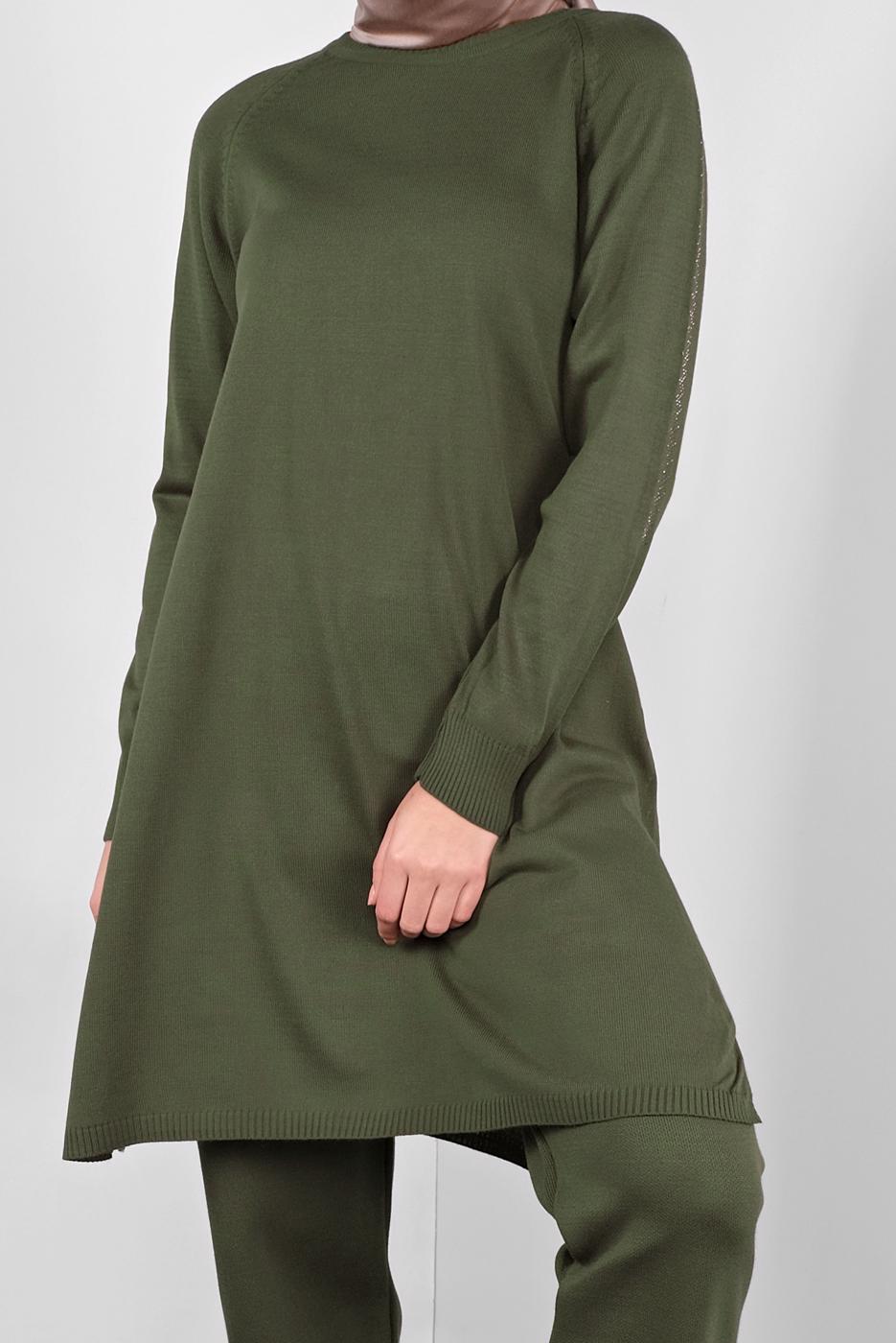 Tesettür giyim HAKİ TAŞ BASKILI TRİKO PANTOLONLU TAKIM  81141 