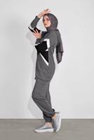 Tesettür giyim GRİ KAPÜŞONLU İKİLİ PANTOLONLU EŞOFMAN TAKIM 0536