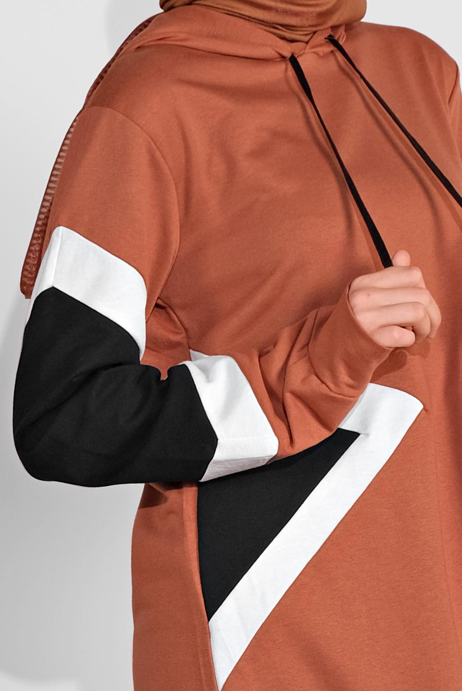 Tesettür giyim TABA KAPÜŞONLU İKİLİ PANTOLONLU EŞOFMAN TAKIM 0536