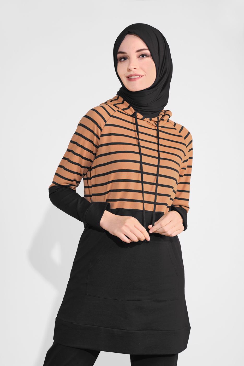 Hijab clothing BLACK STRIPPED HOODED TRACKSUIT 1055