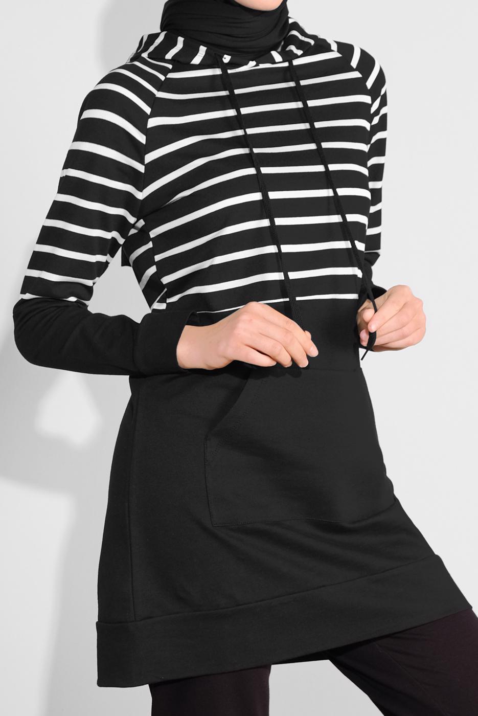 Tesettür giyim SİYAH KAPÜŞONLU ÇİZGİLİ EŞOFMAN TAKIM 1055