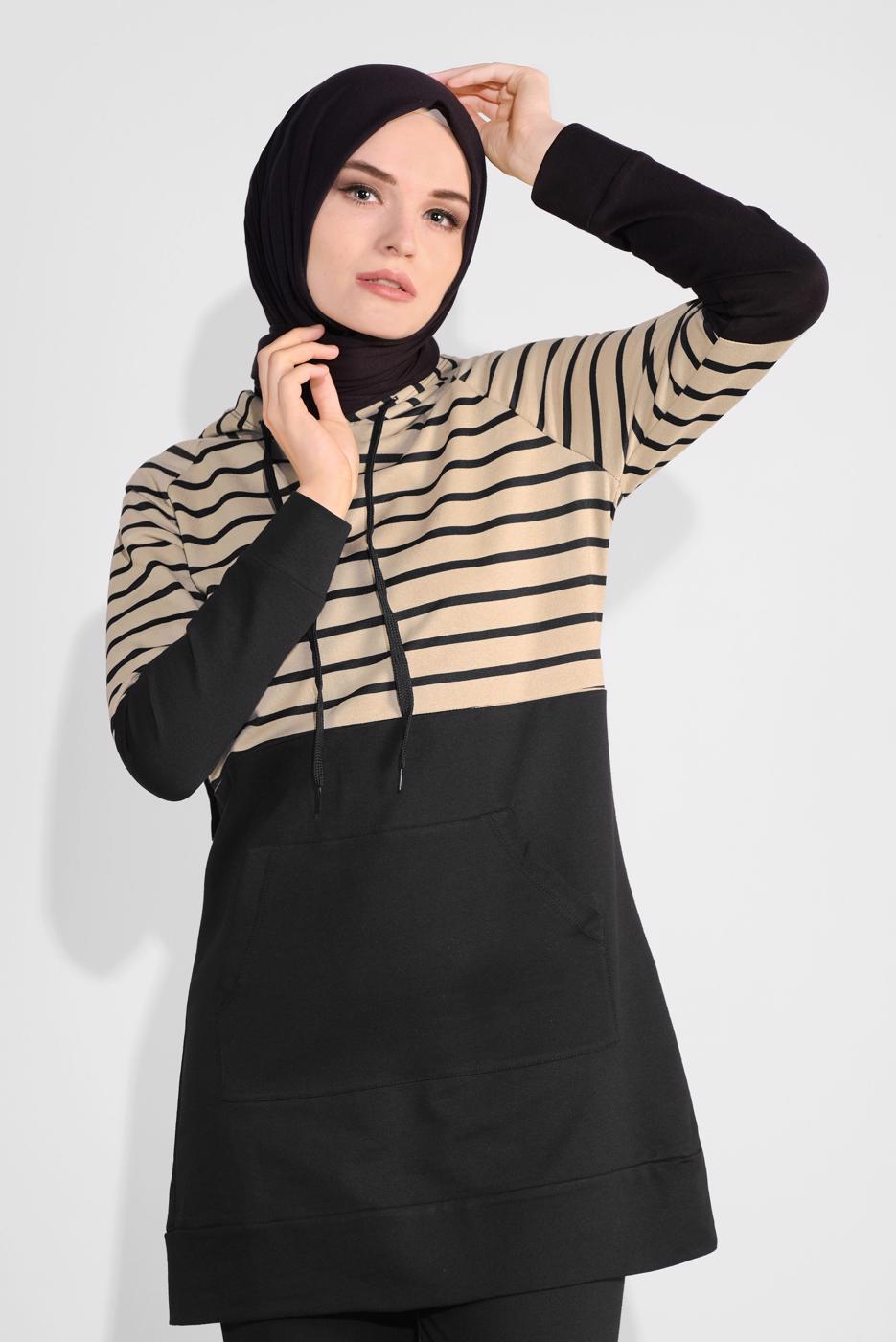 Tesettür giyim SİYAH KAPÜŞONLU ÇİZGİLİ EŞOFMAN TAKIM 1055