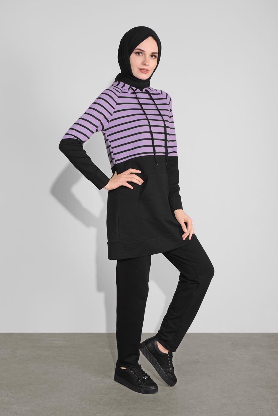Tesettür giyim SİYAH KAPÜŞONLU ÇİZGİLİ EŞOFMAN TAKIM 1055