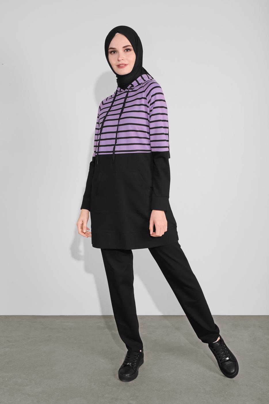 Tesettür giyim SİYAH KAPÜŞONLU ÇİZGİLİ EŞOFMAN TAKIM 1055