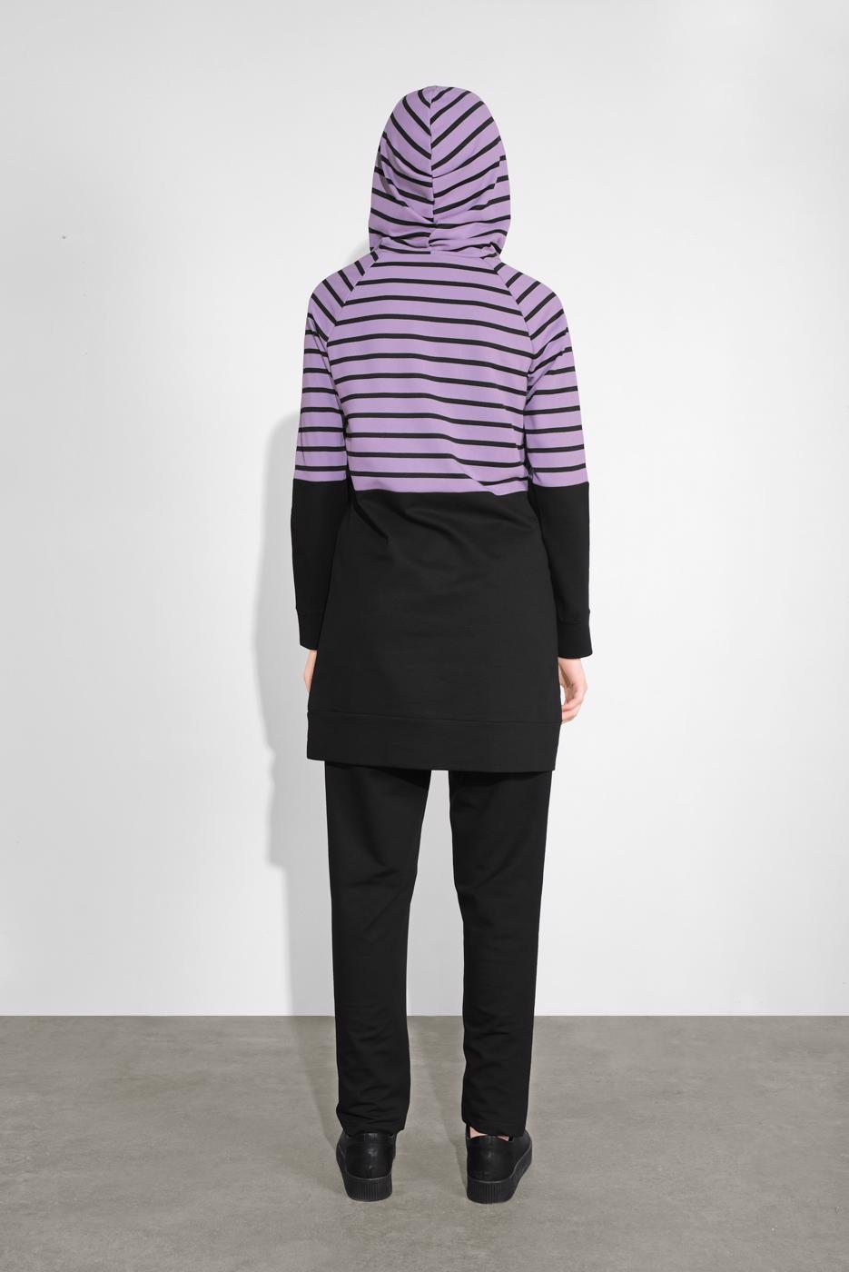 Tesettür giyim SİYAH KAPÜŞONLU ÇİZGİLİ EŞOFMAN TAKIM 1055