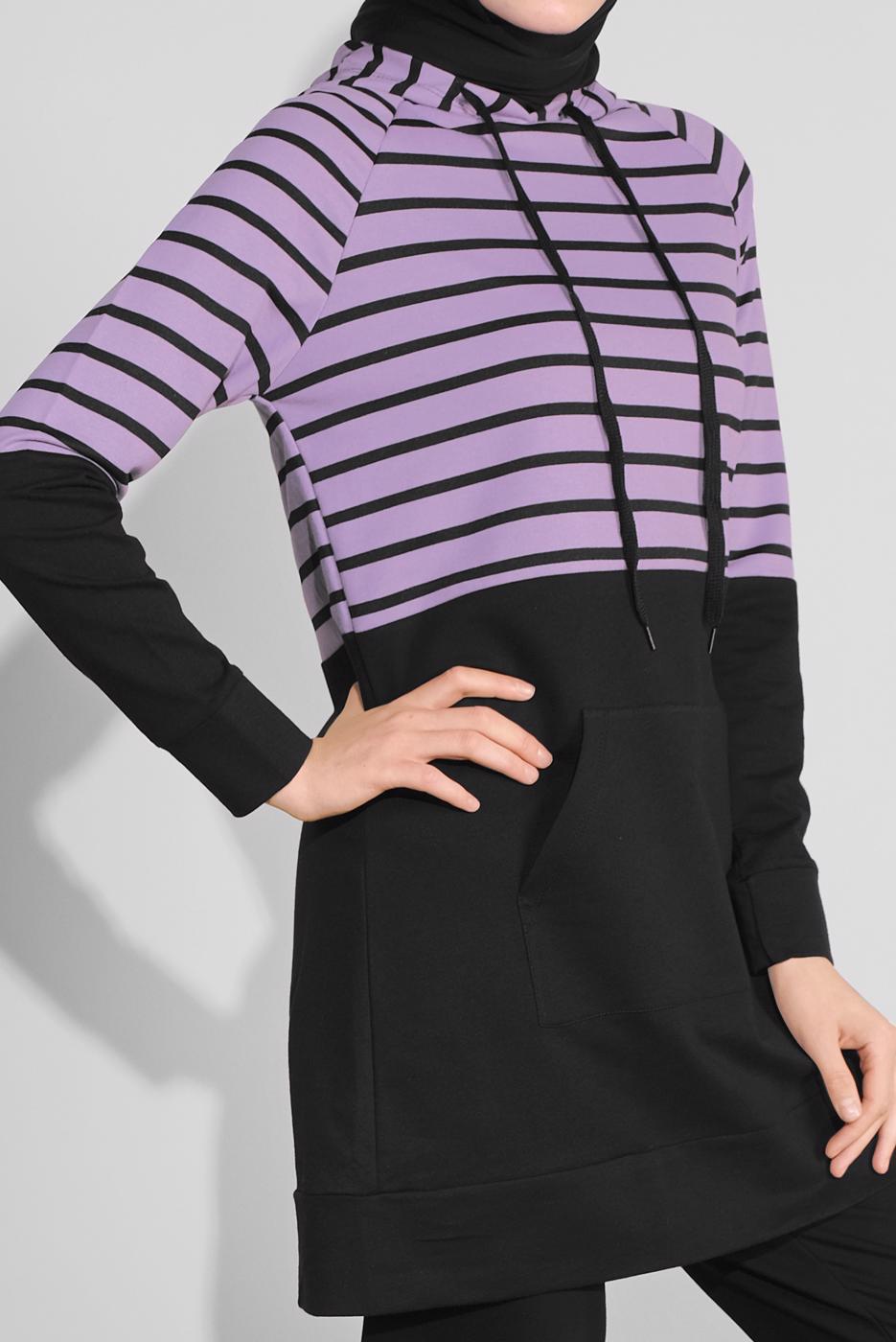 Tesettür giyim SİYAH KAPÜŞONLU ÇİZGİLİ EŞOFMAN TAKIM 1055