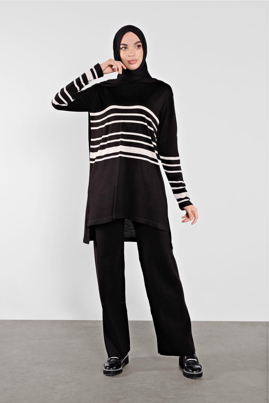 Tesettür giyim SİYAH ÇİZGİLİ İKİLİ TAKIM 1202 