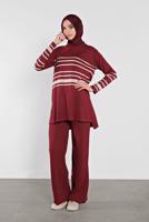 Tesettür giyim BORDO ÇİZGİLİ İKİLİ TAKIM 1202 