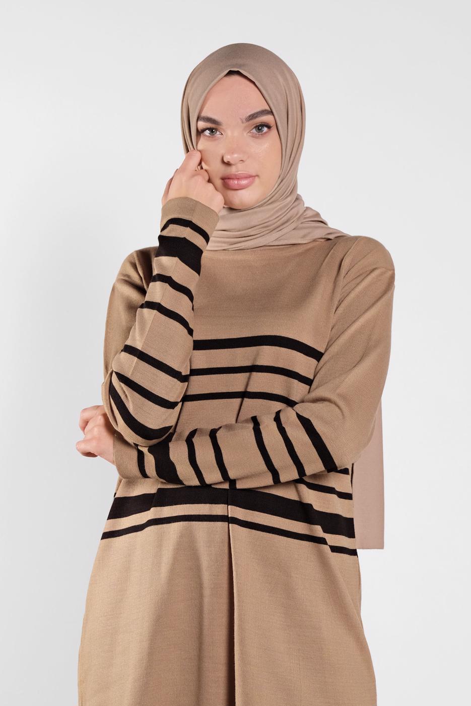 Tesettür giyim KAHVE ÇİZGİLİ İKİLİ TAKIM 1202 