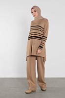 Tesettür giyim KAHVE ÇİZGİLİ İKİLİ TAKIM 1202 