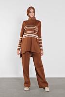 Tesettür giyim KAHVE ÇİZGİLİ İKİLİ TAKIM 1202 