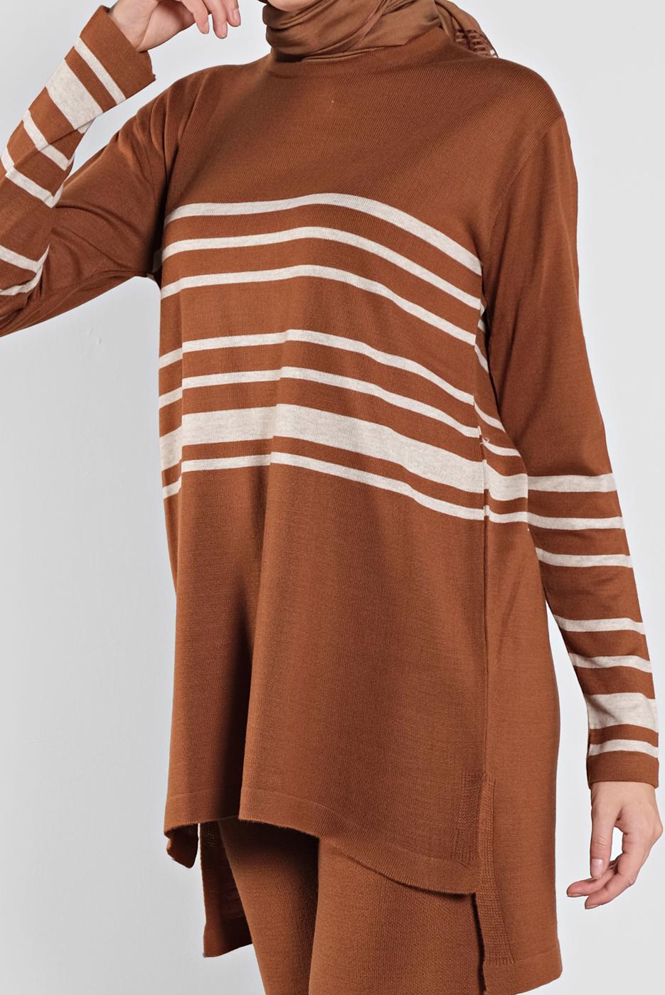 Tesettür giyim KAHVE ÇİZGİLİ İKİLİ TAKIM 1202 