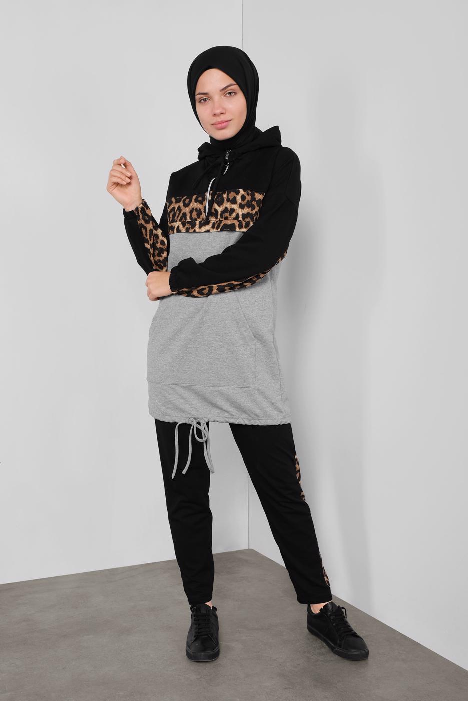 Tesettür giyim GRİ LEOPAR DESENLİ İKİLİ PANTOLONLU EŞOFMAN TAKIM 1255