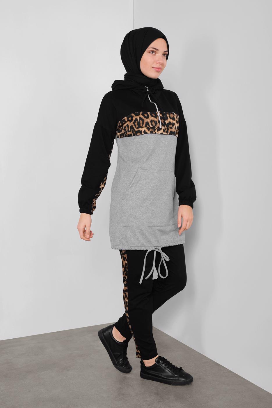 Tesettür giyim GRİ LEOPAR DESENLİ İKİLİ PANTOLONLU EŞOFMAN TAKIM 1255