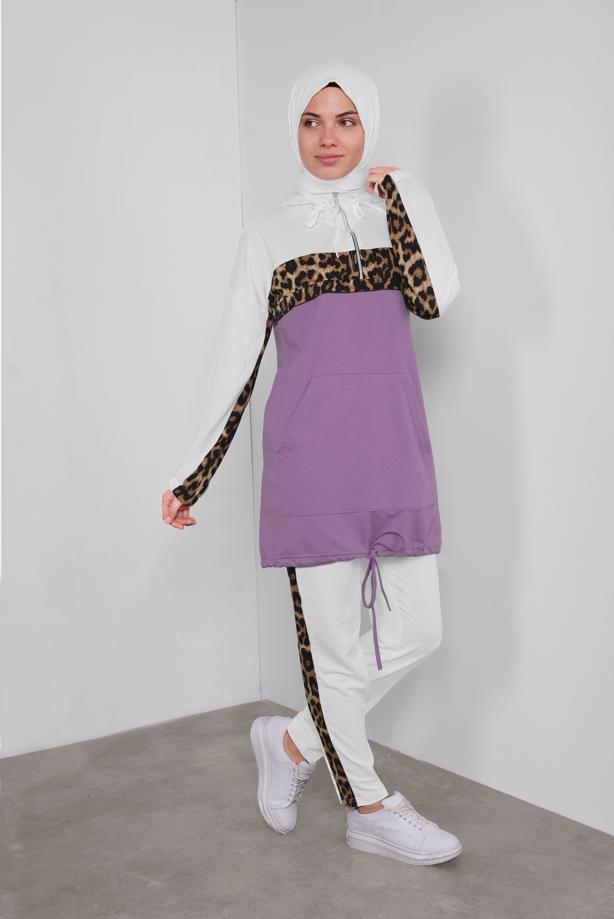 Tesettür giyim  LEOPAR DESENLİ İKİLİ PANTOLONLU EŞOFMAN TAKIM 1255 - TRENDTESETTÜR