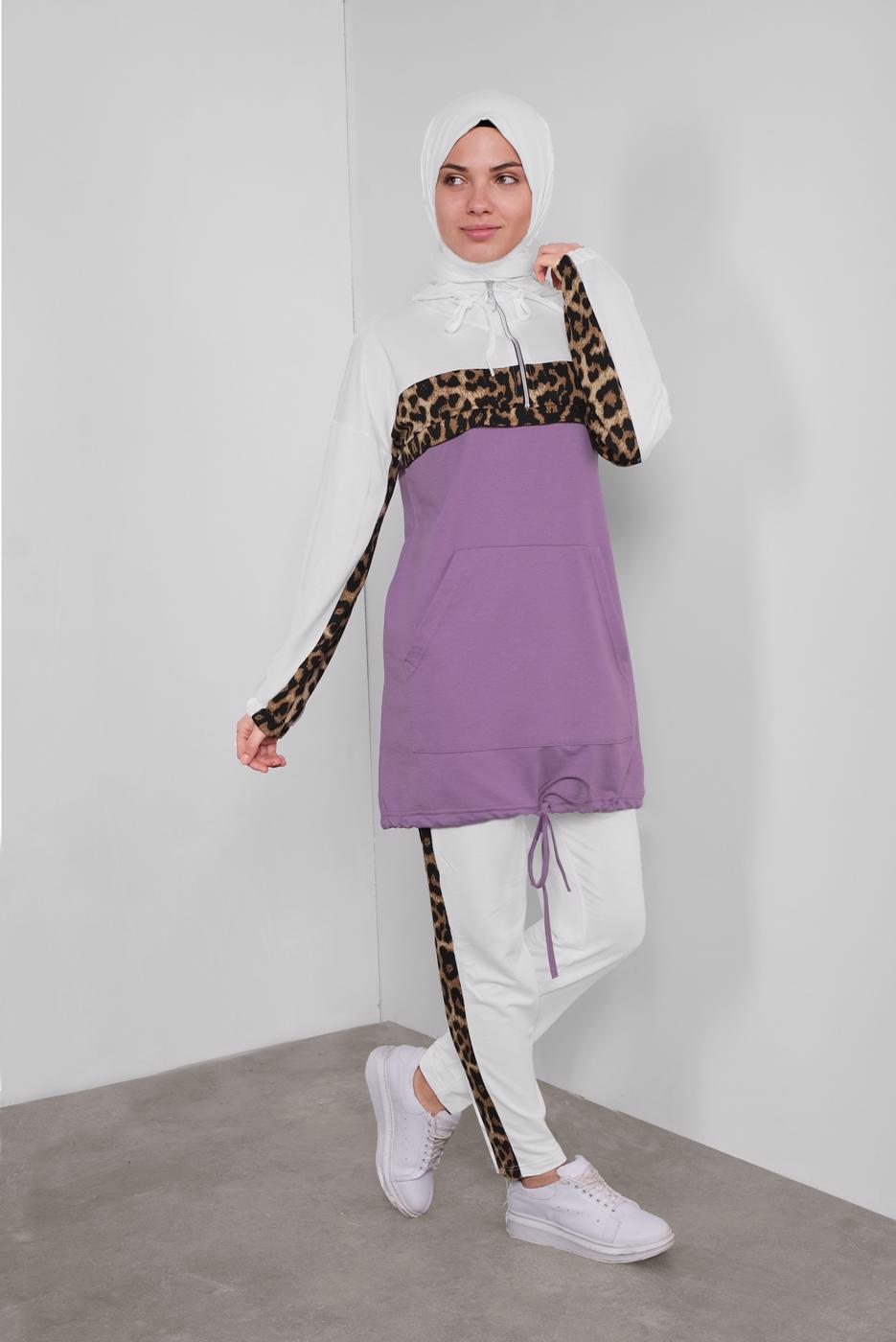 Tesettür giyim MOR LEOPAR DESENLİ İKİLİ PANTOLONLU EŞOFMAN TAKIM 1255