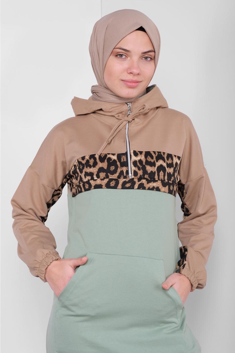 Tesettür giyim YEŞİL LEOPAR DESENLİ İKİLİ PANTOLONLU EŞOFMAN TAKIM 1255