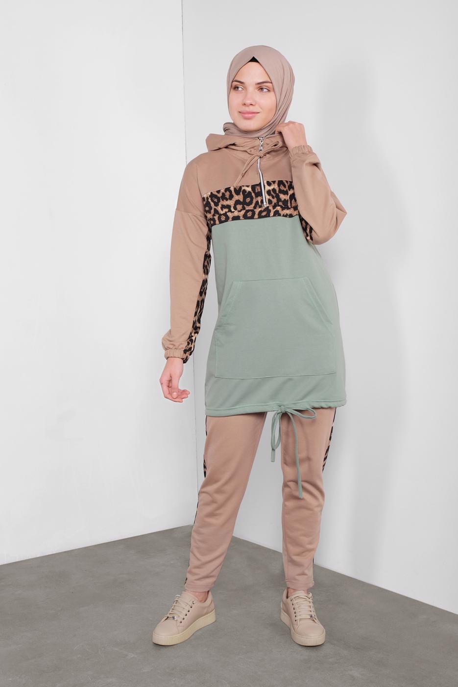 Tesettür giyim YEŞİL LEOPAR DESENLİ İKİLİ PANTOLONLU EŞOFMAN TAKIM 1255