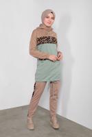 Tesettür giyim YEŞİL LEOPAR DESENLİ İKİLİ PANTOLONLU EŞOFMAN TAKIM 1255