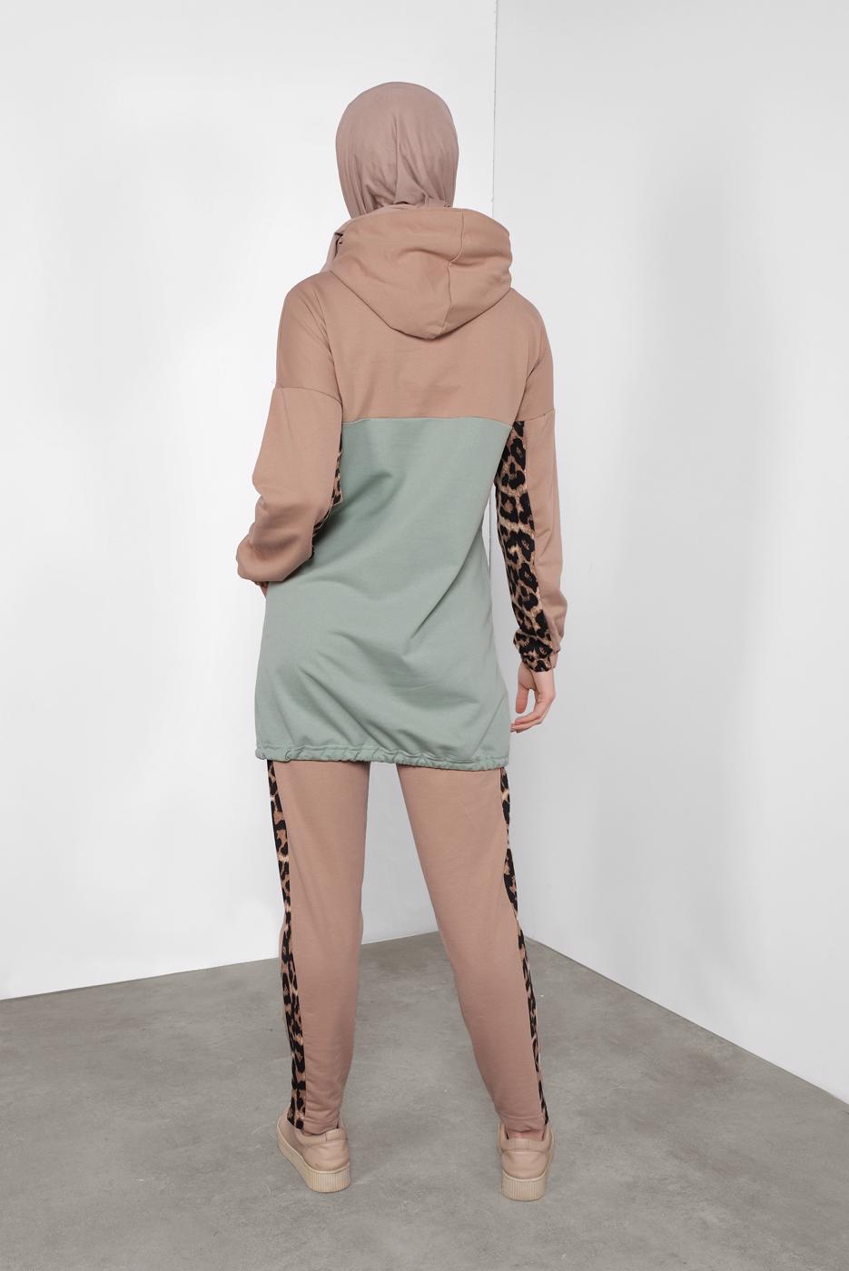 Tesettür giyim YEŞİL LEOPAR DESENLİ İKİLİ PANTOLONLU EŞOFMAN TAKIM 1255