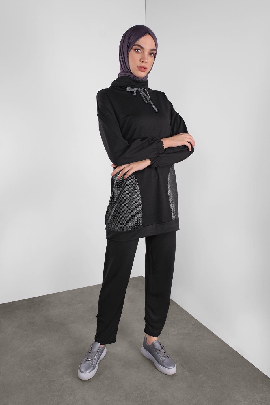 Tesettür giyim SİYAH FİLELİ ŞAL YAKA PANTOLONLU TAKIM  2446 