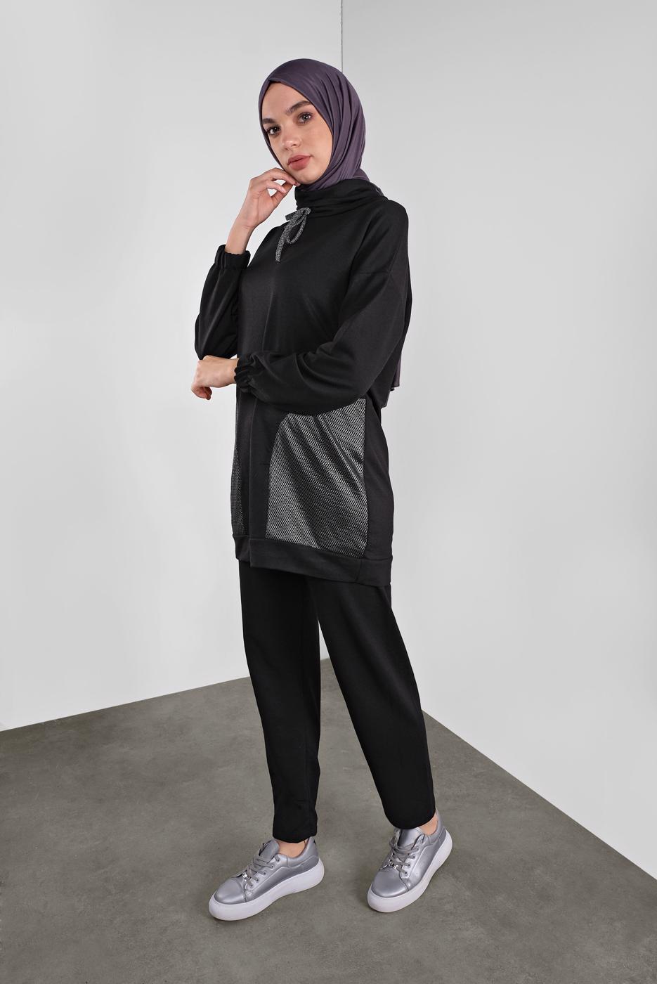 Tesettür giyim SİYAH FİLELİ ŞAL YAKA PANTOLONLU TAKIM  2446 
