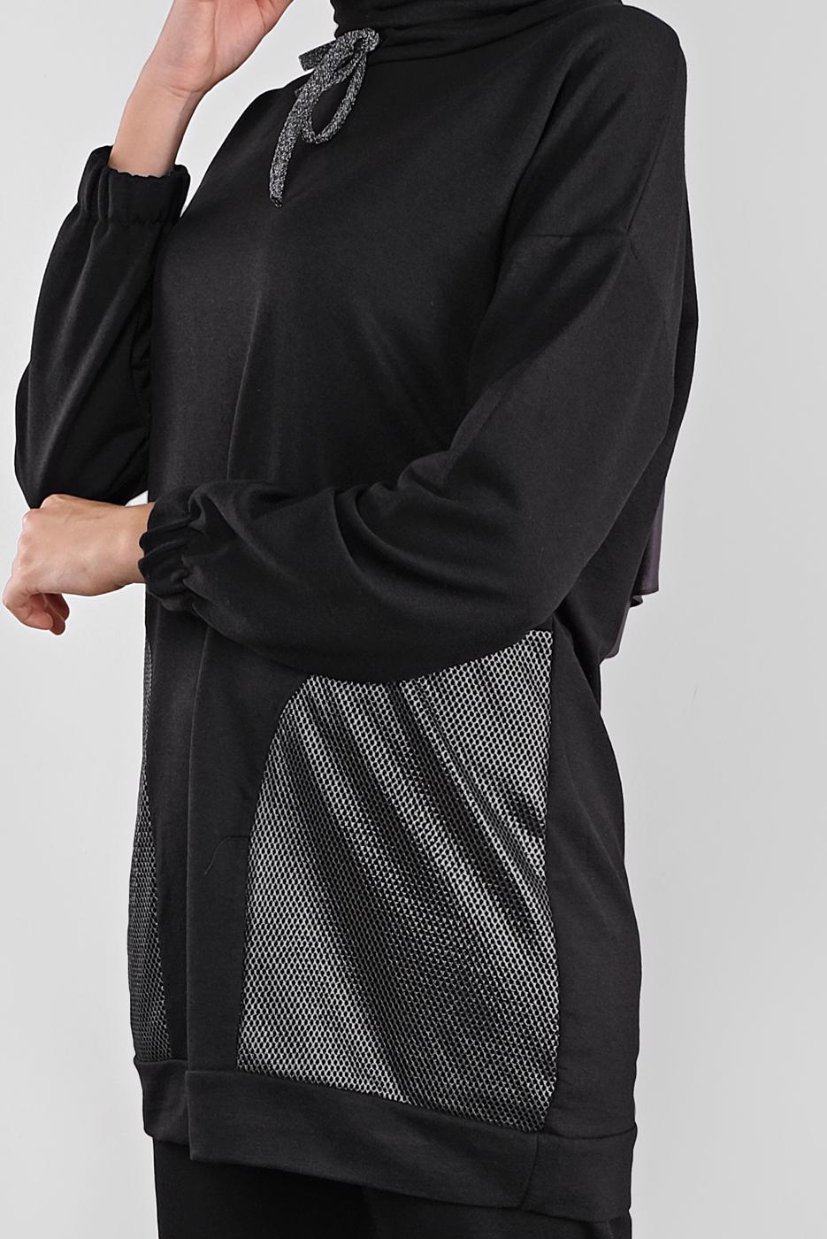 Tesettür giyim SİYAH FİLELİ ŞAL YAKA PANTOLONLU TAKIM  2446 