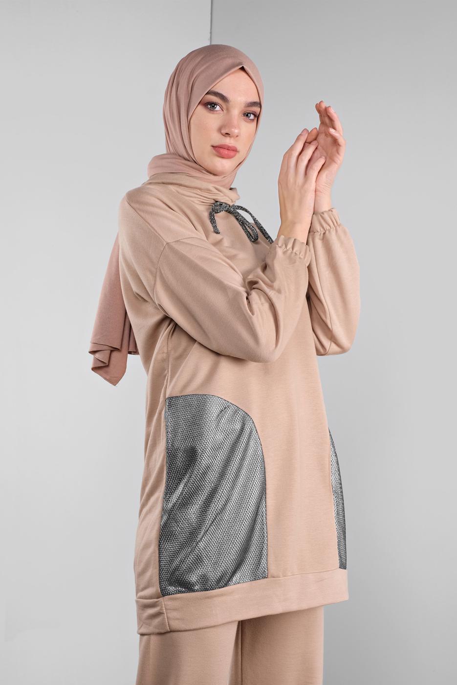 Tesettür giyim BEJ FİLELİ ŞAL YAKA PANTOLONLU TAKIM  2446 