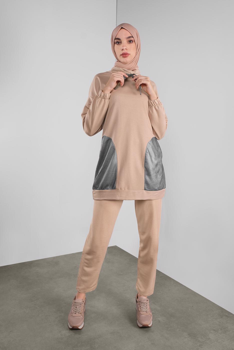 Tesettür giyim BEJ FİLELİ ŞAL YAKA PANTOLONLU TAKIM  2446 