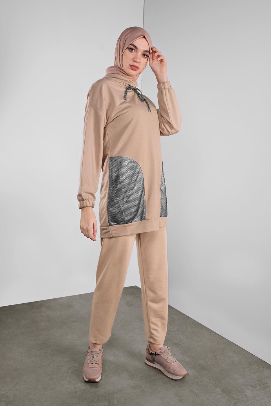 Tesettür giyim BEJ FİLELİ ŞAL YAKA PANTOLONLU TAKIM  2446 