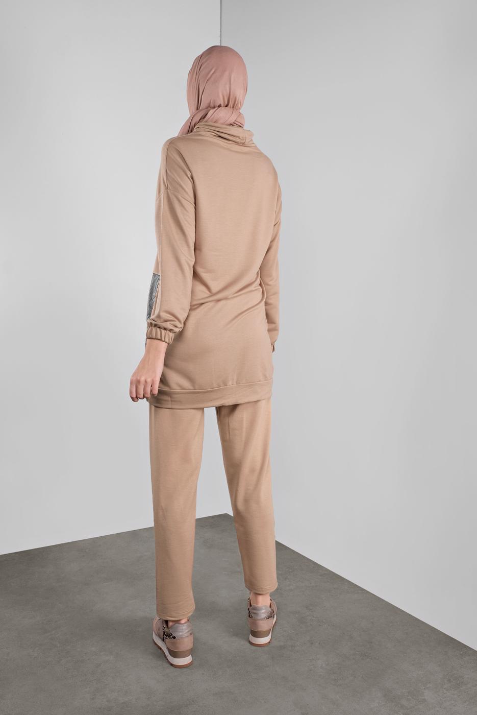 Tesettür giyim BEJ FİLELİ ŞAL YAKA PANTOLONLU TAKIM  2446 