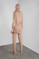 Tesettür giyim BEJ FİLELİ ŞAL YAKA PANTOLONLU TAKIM  2446 