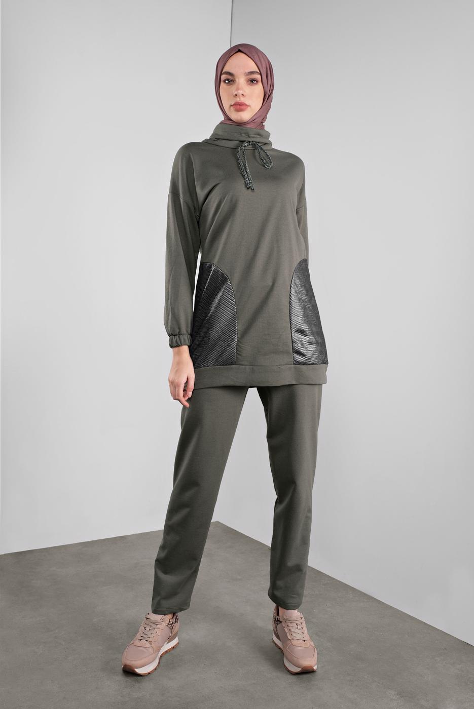 Tesettür giyim HAKİ FİLELİ ŞAL YAKA PANTOLONLU TAKIM  2446 