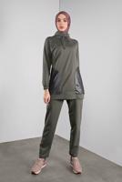 Tesettür giyim HAKİ FİLELİ ŞAL YAKA PANTOLONLU TAKIM  2446 