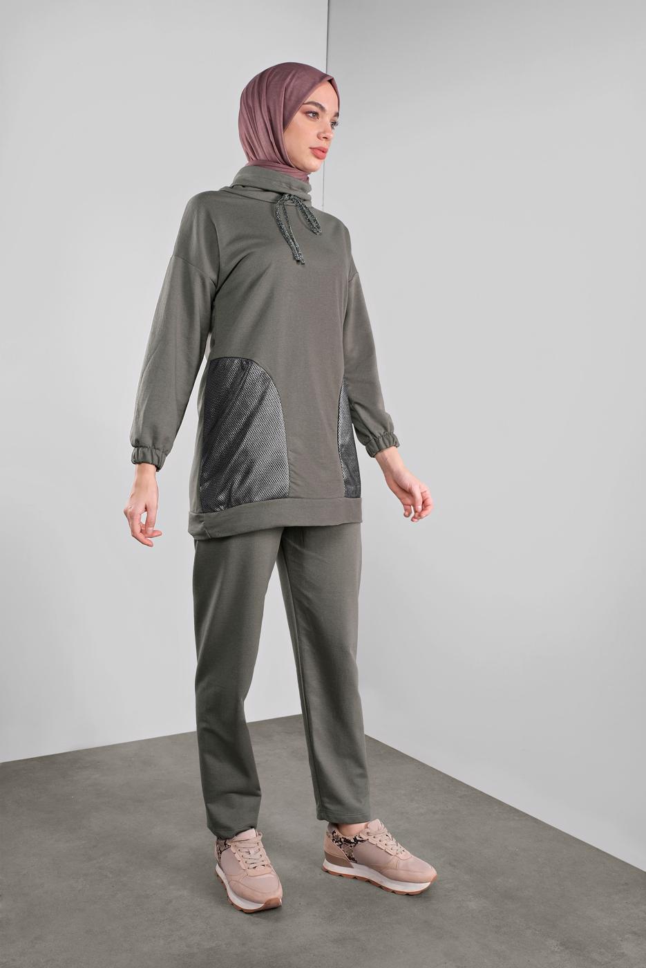 Tesettür giyim HAKİ FİLELİ ŞAL YAKA PANTOLONLU TAKIM  2446 