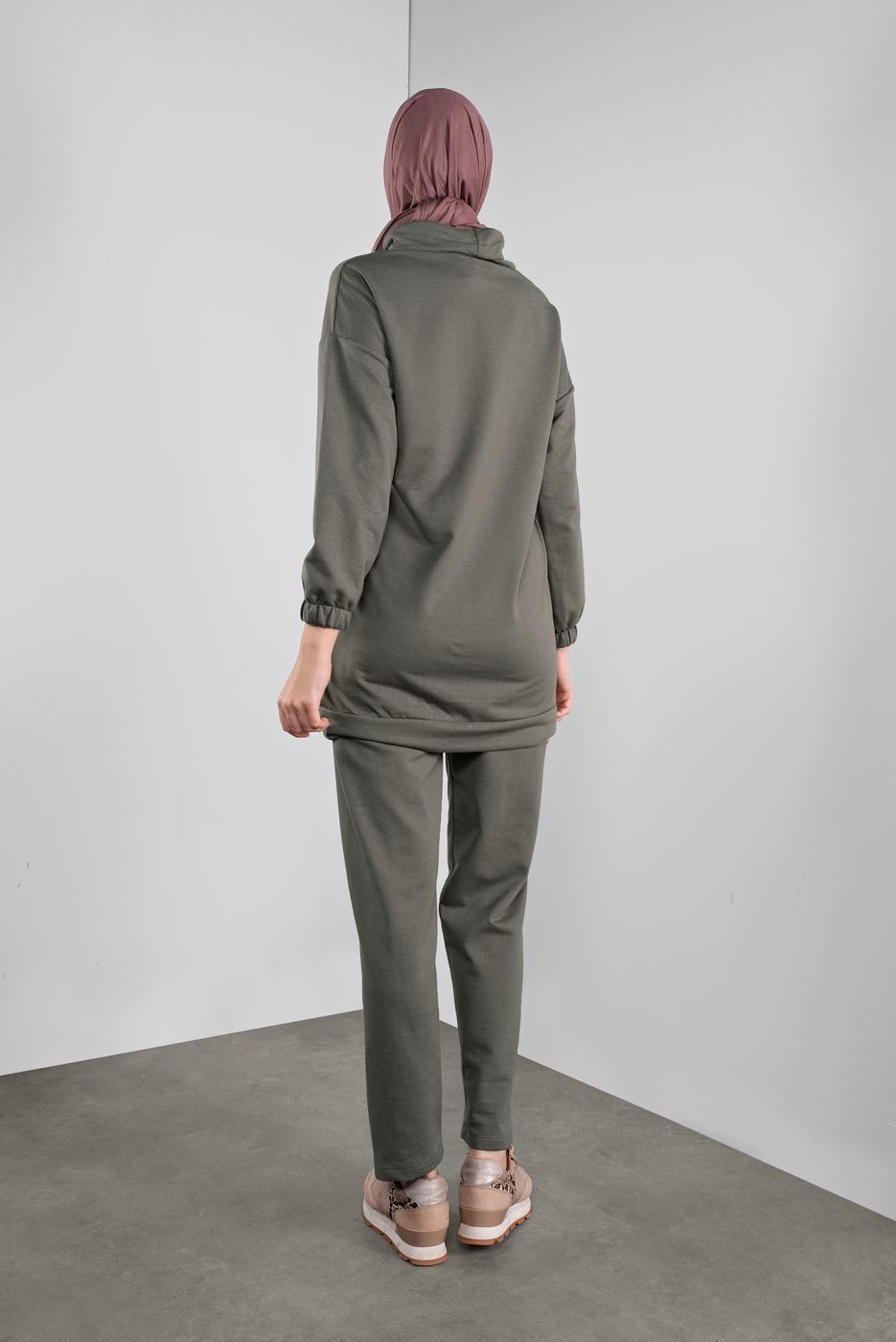 Tesettür giyim HAKİ FİLELİ ŞAL YAKA PANTOLONLU TAKIM  2446 