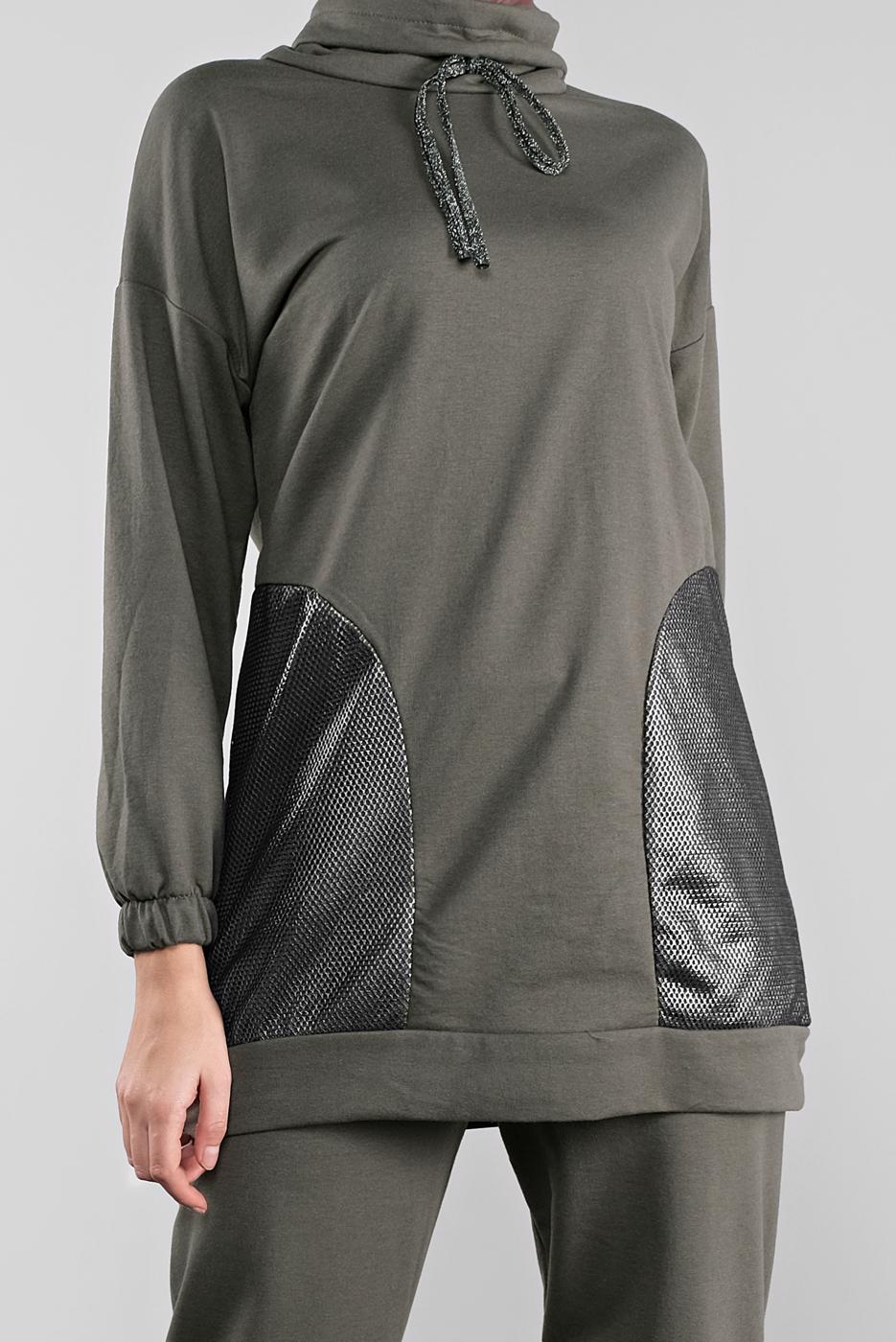 Tesettür giyim HAKİ FİLELİ ŞAL YAKA PANTOLONLU TAKIM  2446 