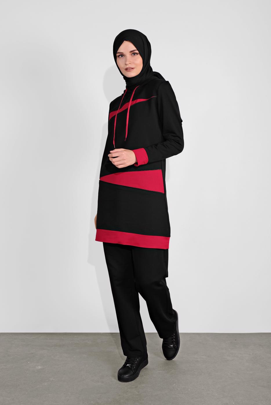 Tesettür giyim SİYAH KAPÜŞONLU İKİ RENK İKİLİ EŞOFMAN TAKIM  2708