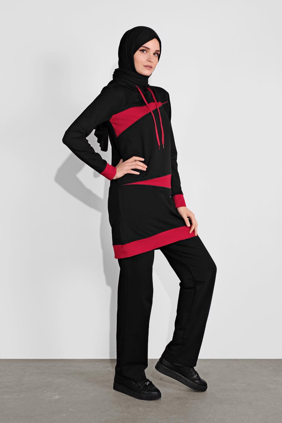Tesettür giyim SİYAH KAPÜŞONLU İKİ RENK İKİLİ EŞOFMAN TAKIM  2708