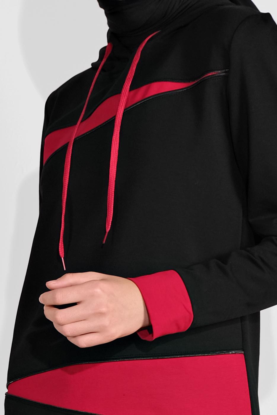 Tesettür giyim SİYAH KAPÜŞONLU İKİ RENK İKİLİ EŞOFMAN TAKIM  2708