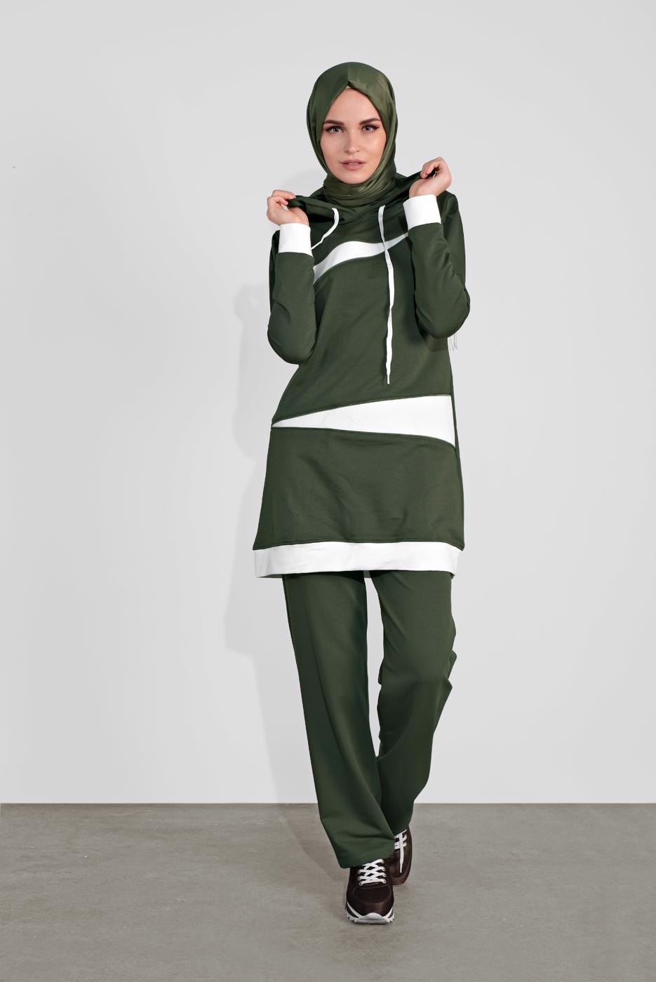 Tesettür giyim HAKİ KAPÜŞONLU İKİ RENK İKİLİ EŞOFMAN TAKIM  2708