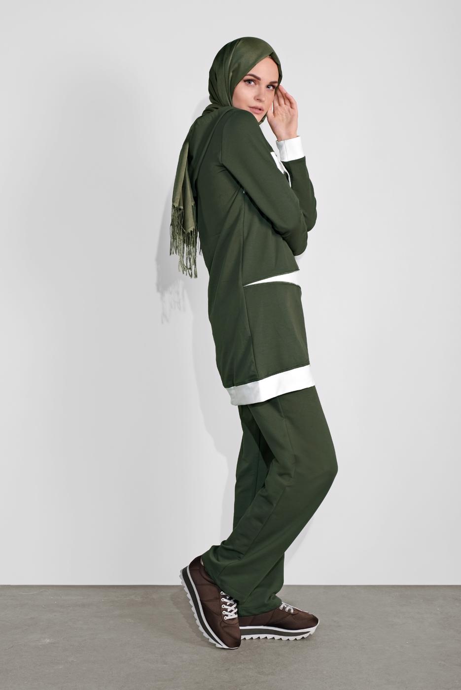 Tesettür giyim HAKİ KAPÜŞONLU İKİ RENK İKİLİ EŞOFMAN TAKIM  2708