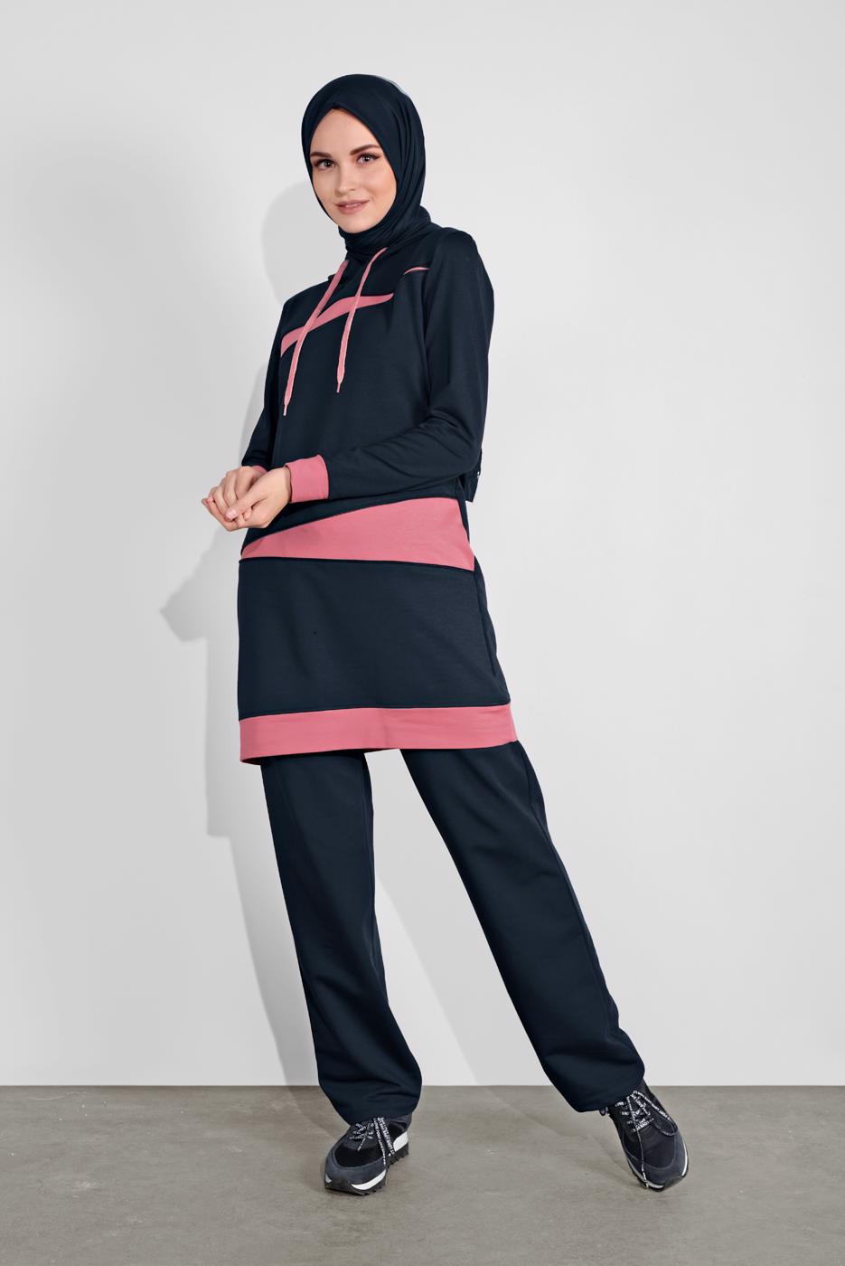 Tesettür giyim LACİVERT KAPÜŞONLU İKİ RENK İKİLİ EŞOFMAN TAKIM  2708