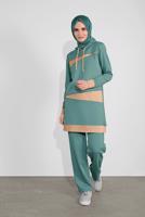 Tesettür giyim YEŞİL KAPÜŞONLU İKİ RENK İKİLİ EŞOFMAN TAKIM  2708