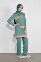 Tesettür giyim YEŞİL KAPÜŞONLU İKİ RENK İKİLİ EŞOFMAN TAKIM  2708