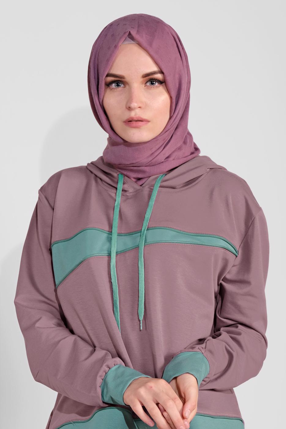 Tesettür giyim PEMBE KAPÜŞONLU İKİ RENK İKİLİ EŞOFMAN TAKIM  2708