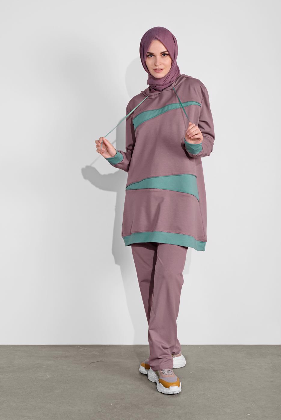 Tesettür giyim PEMBE KAPÜŞONLU İKİ RENK İKİLİ EŞOFMAN TAKIM  2708